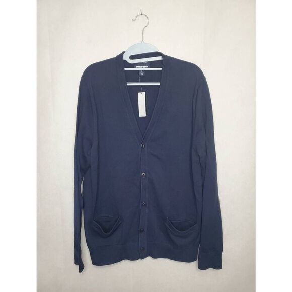 Land's End 100% Supima Cotton Men's Navy Cardigan Sweater Lightweight Grandpa - Picture 4 of 12